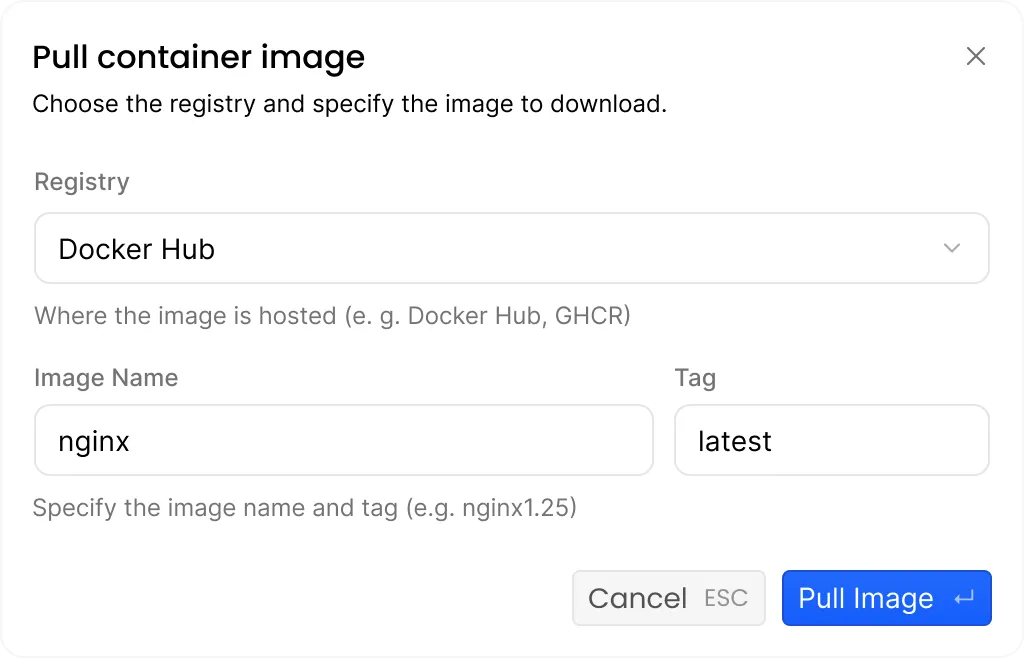 Image pull dialog with form.